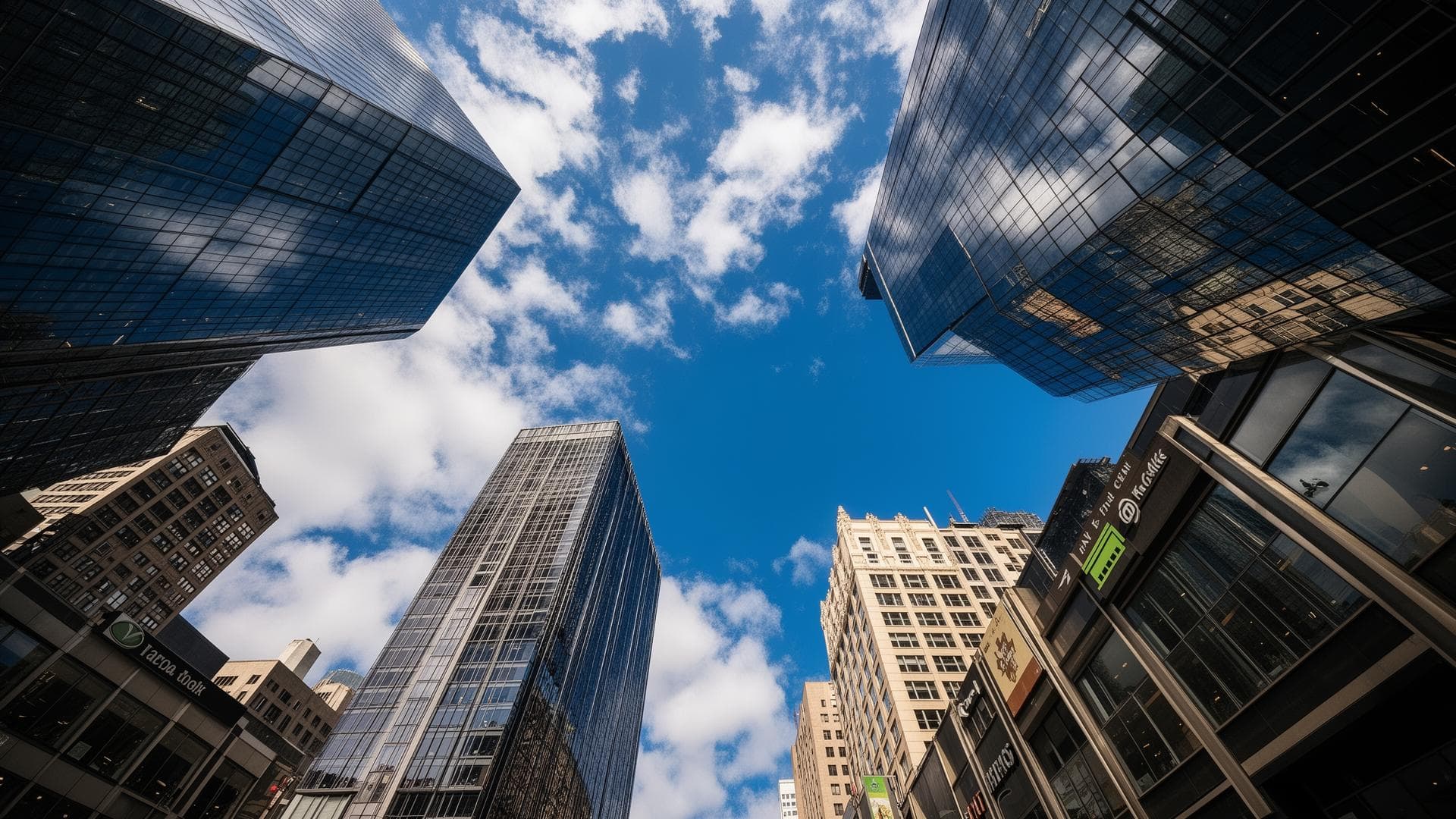 Commercial buildings pointing towards sky